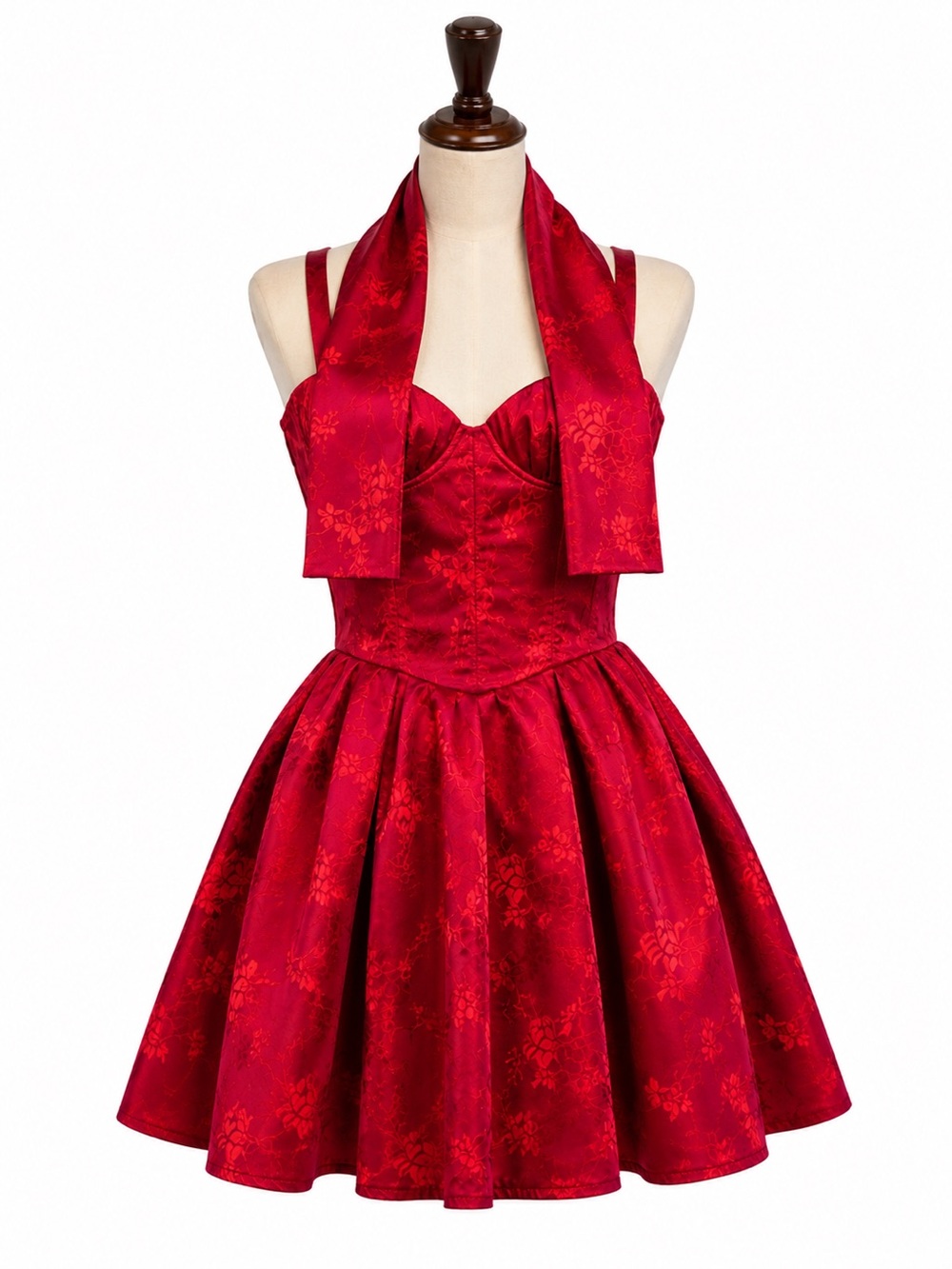 DRESSMEZEE Red Jacquard Corset Dress S Mini Fit Flare Lace Up Bow -Small Flaw
